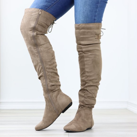Taupe Thigh High Over The Knee Flat Boots Faux Suede Laced Back - Picture 13 of 15